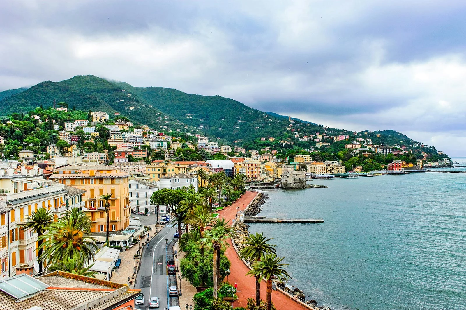 coastal town with mountains seaside