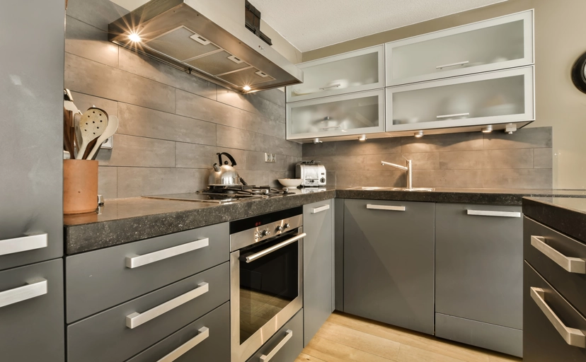 kitchen with gray cabinets