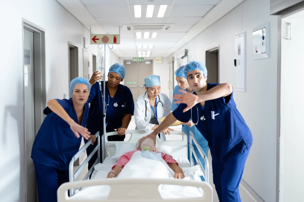 diverse group of healthcare workers clearing the way